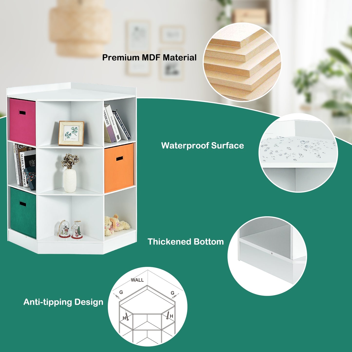 3-Tier 9-Cubby Kids Storage Shelf Corner Cabinet with 3 Baskets-White Kids Crystal
