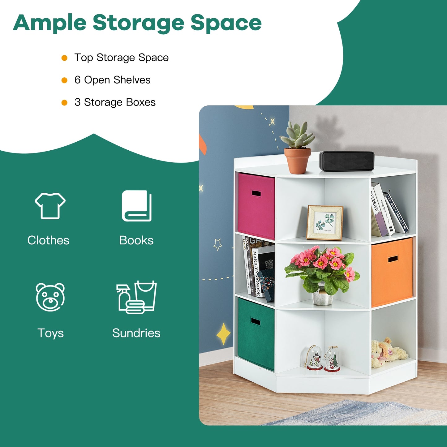 3-Tier 9-Cubby Kids Storage Shelf Corner Cabinet with 3 Baskets-White Kids Crystal