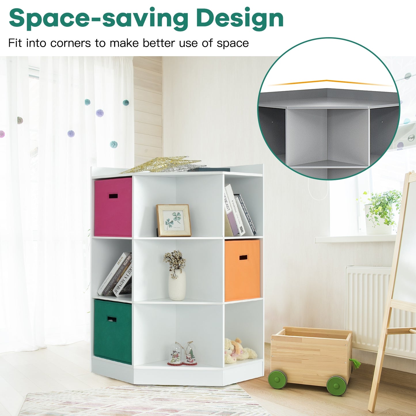 3-Tier 9-Cubby Kids Storage Shelf Corner Cabinet with 3 Baskets-White Kids Crystal