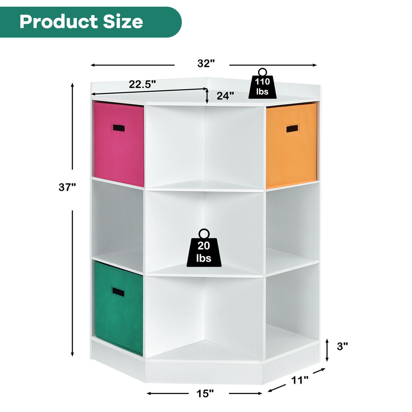 3-Tier 9-Cubby Kids Storage Shelf Corner Cabinet with 3 Baskets-White Kids Crystal
