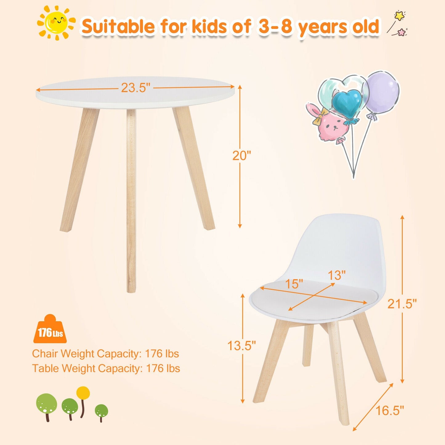 Modern Kids Activity Play Table and 2 Chairs Set with Beech Leg Cushion-White Kids Crystal