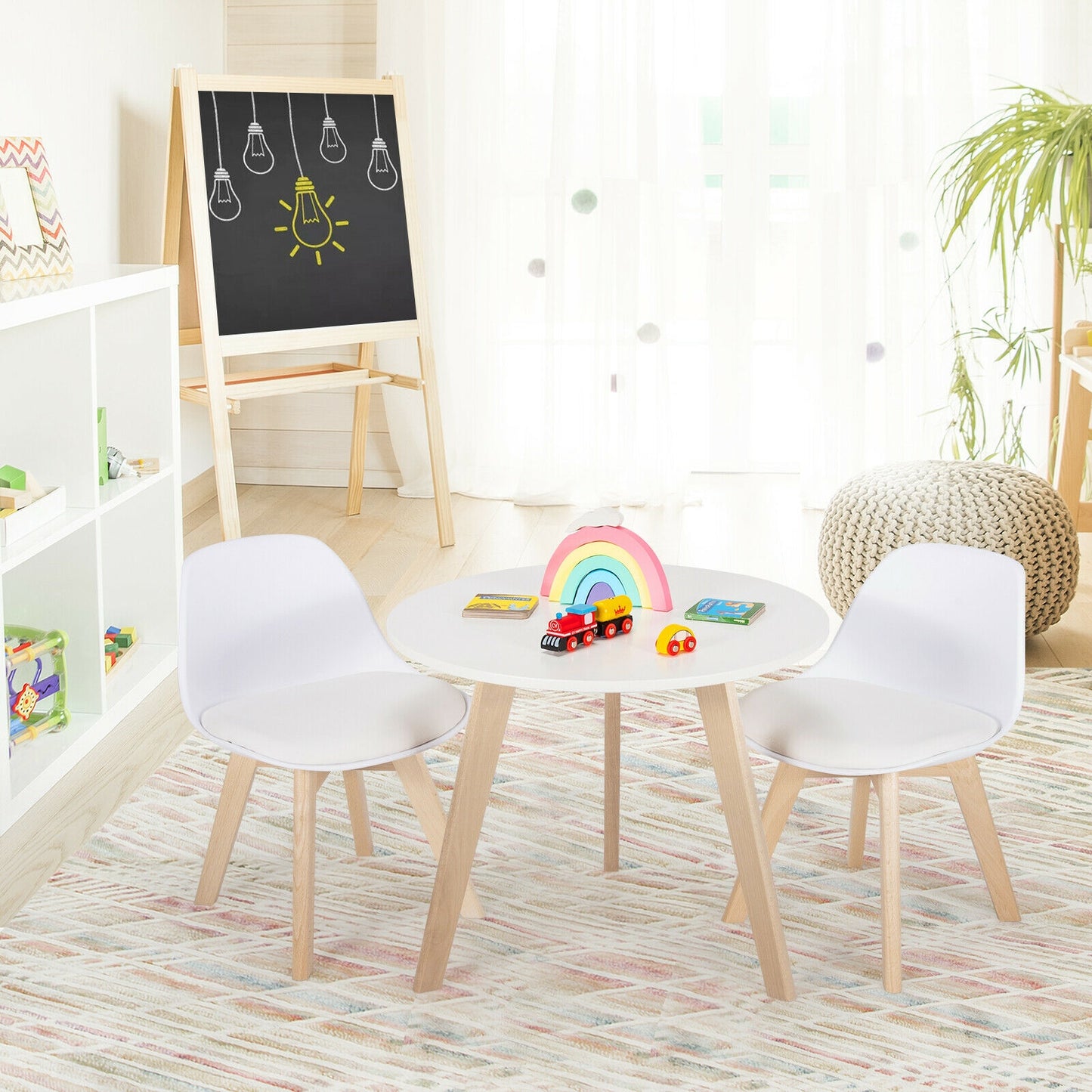 Modern Kids Activity Play Table and 2 Chairs Set with Beech Leg Cushion-White Kids Crystal