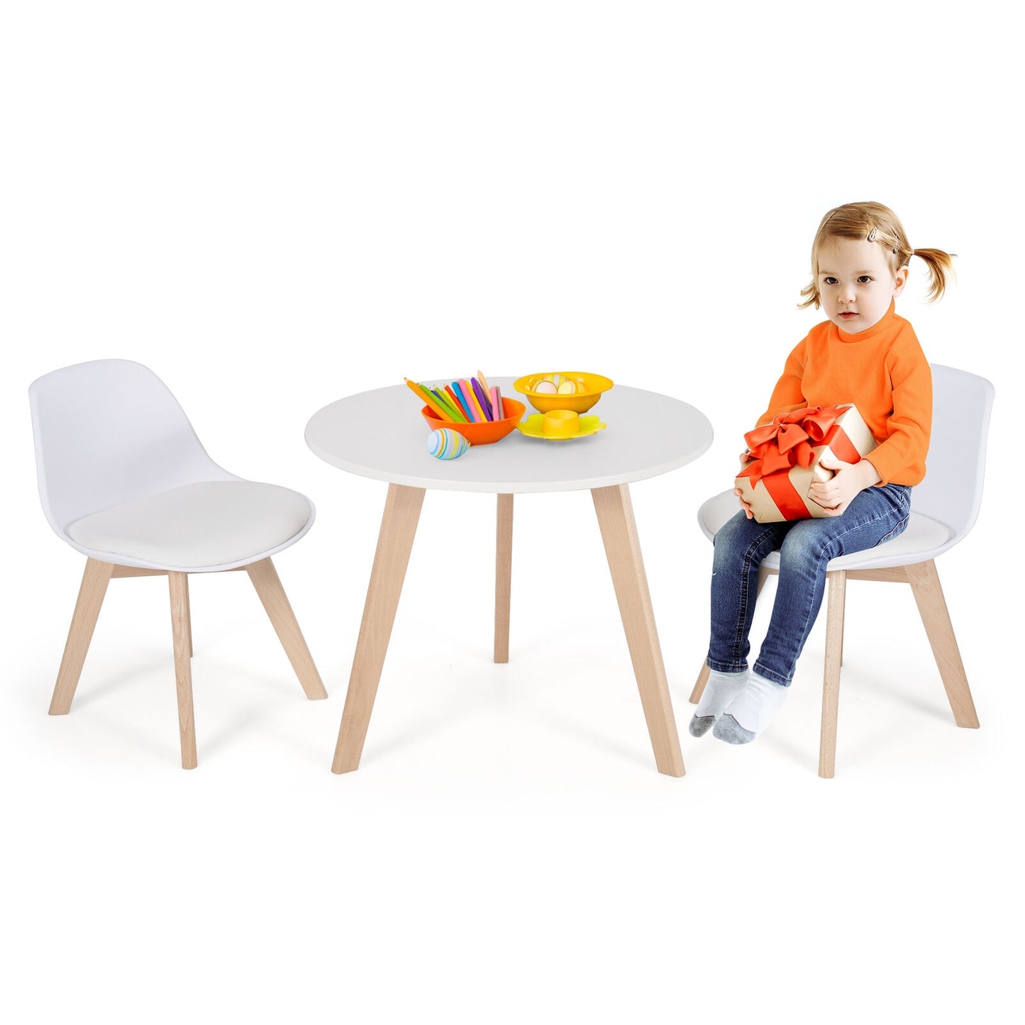 Modern Kids Activity Play Table and 2 Chairs Set with Beech Leg Cushion-White Kids Crystal