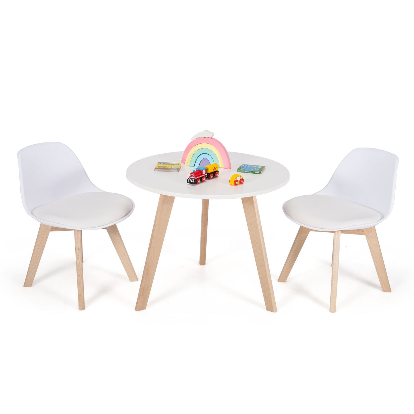 Modern Kids Activity Play Table and 2 Chairs Set with Beech Leg Cushion-White Kids Crystal