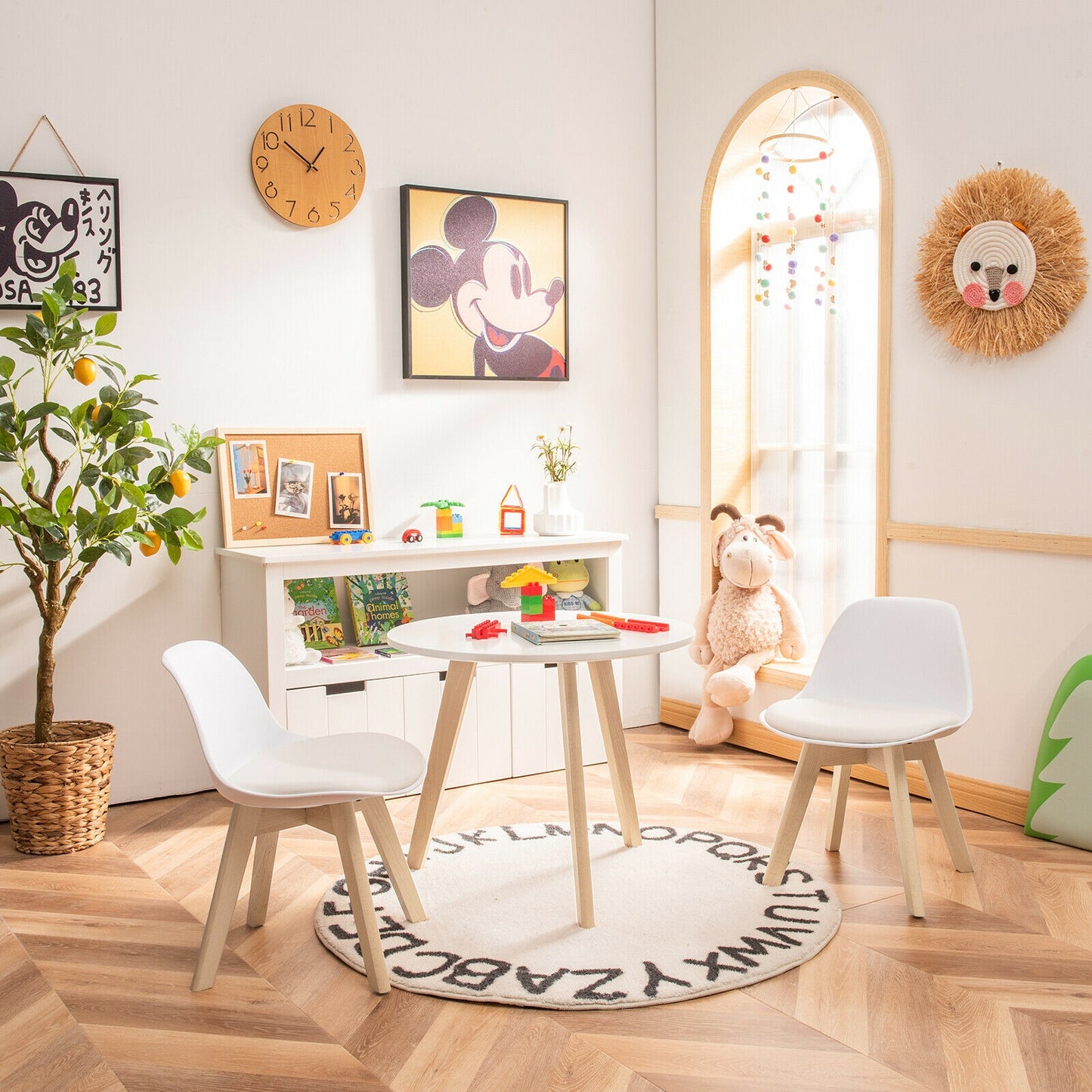 Modern Kids Activity Play Table and 2 Chairs Set with Beech Leg Cushion-White Kids Crystal