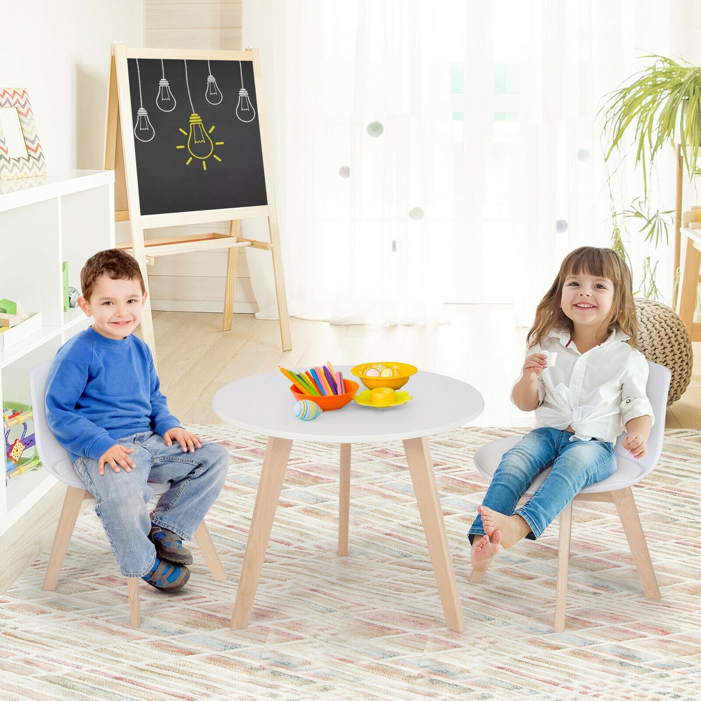 Modern Kids Activity Play Table and 2 Chairs Set with Beech Leg Cushion-White Kids Crystal