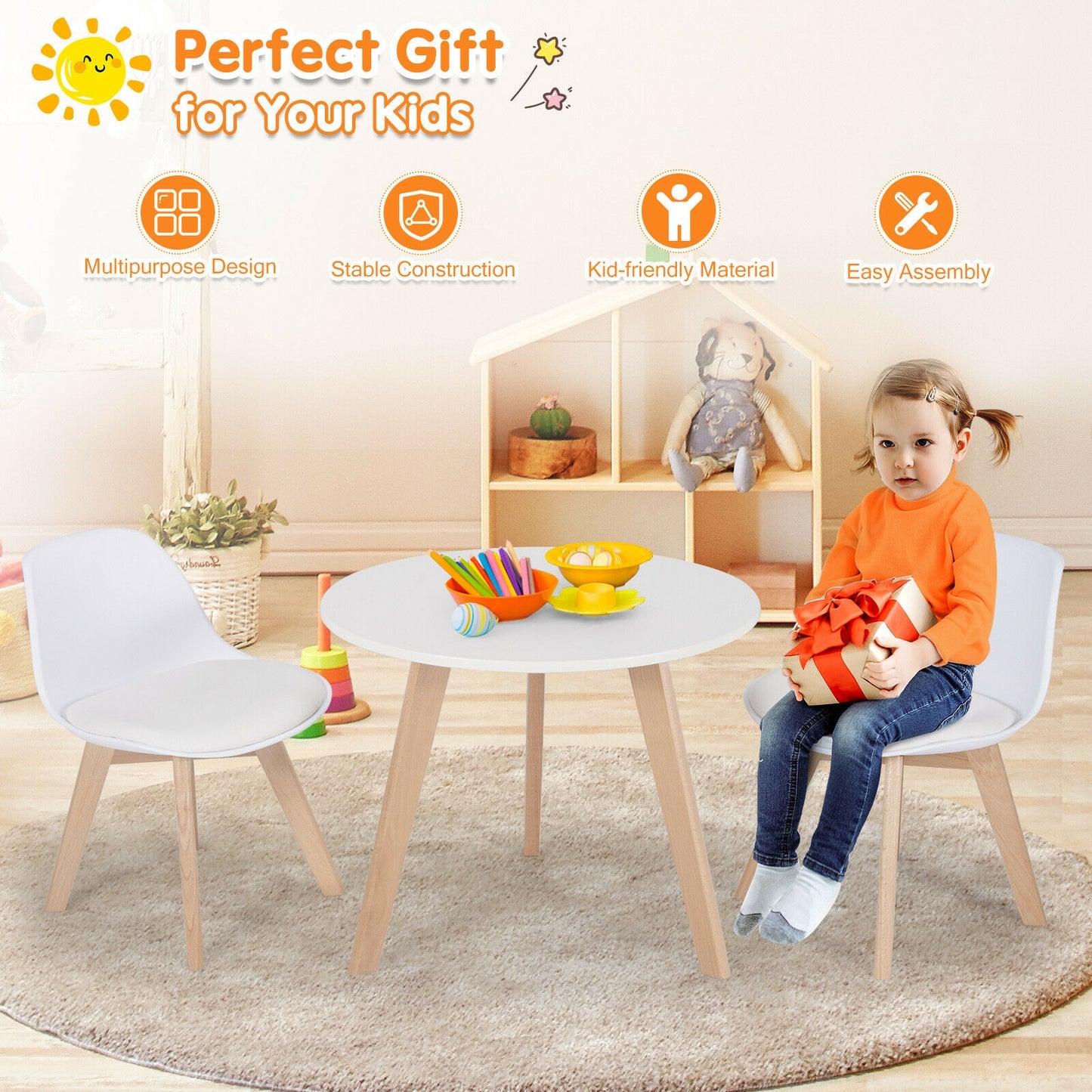 Modern Kids Activity Play Table and 2 Chairs Set with Beech Leg Cushion-White Kids Crystal