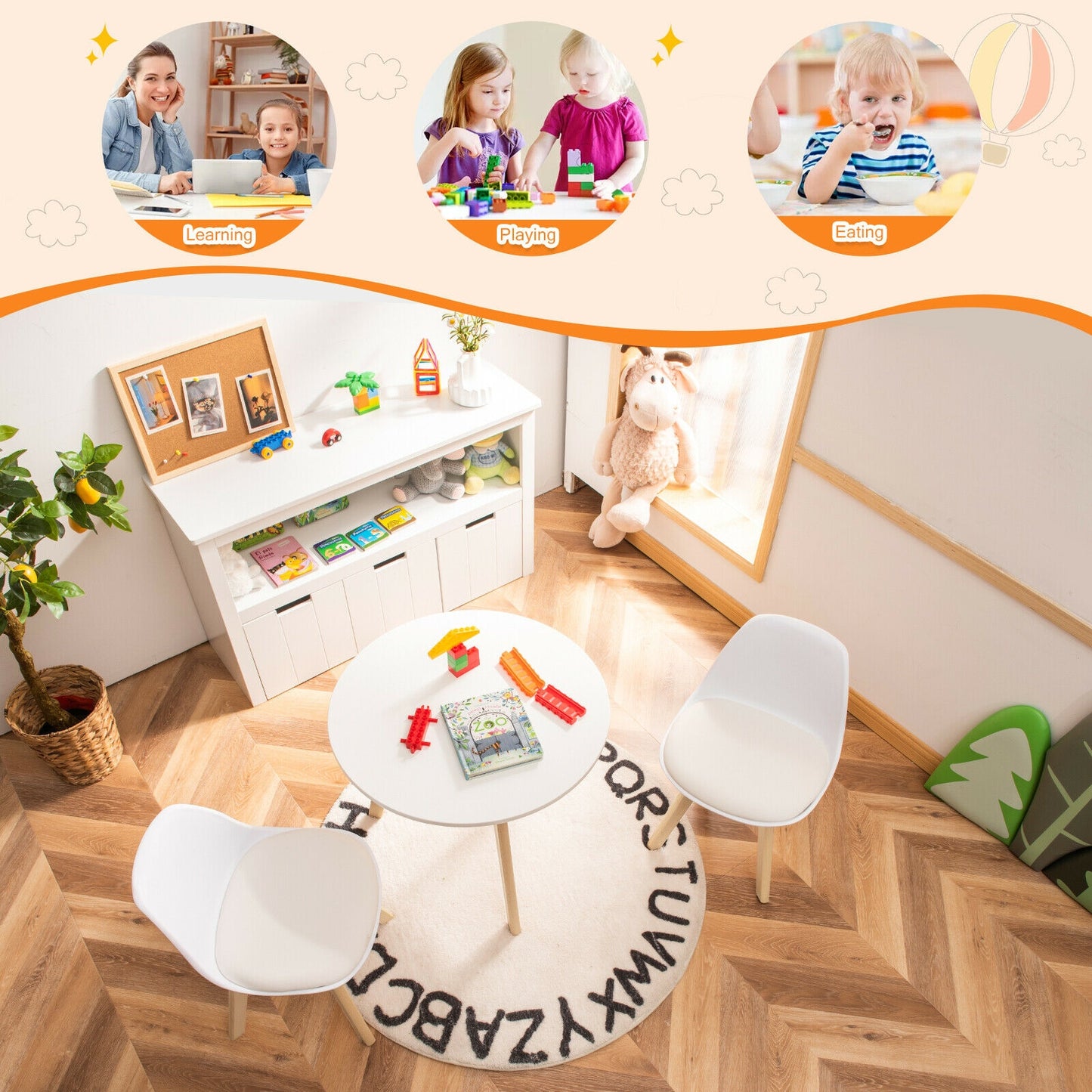 Modern Kids Activity Play Table and 2 Chairs Set with Beech Leg Cushion-White Kids Crystal