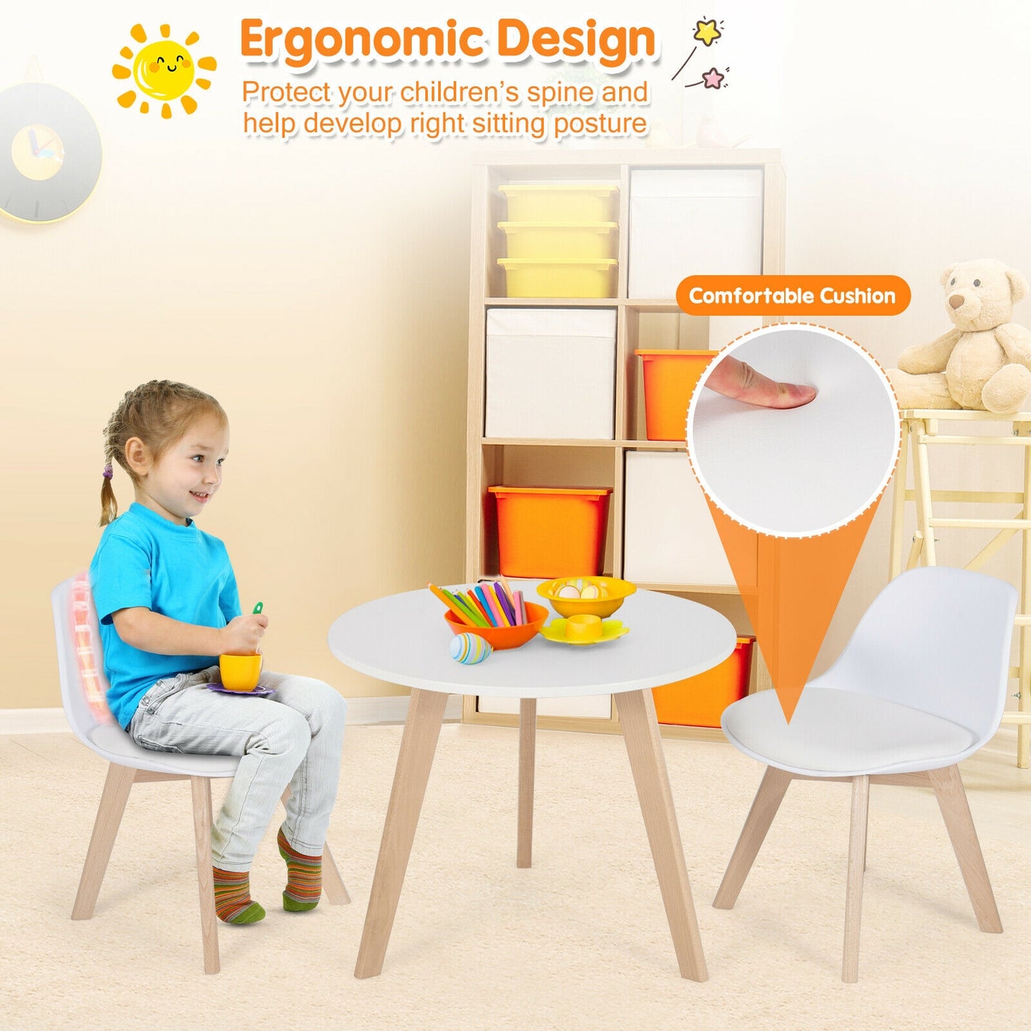 Modern Kids Activity Play Table and 2 Chairs Set with Beech Leg Cushion-White Kids Crystal