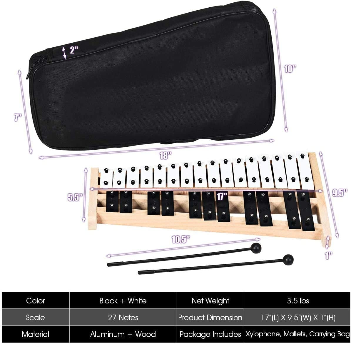 27 Note Glockenspiel Xylophone with 2 Rubber Mallets Kids Crystal