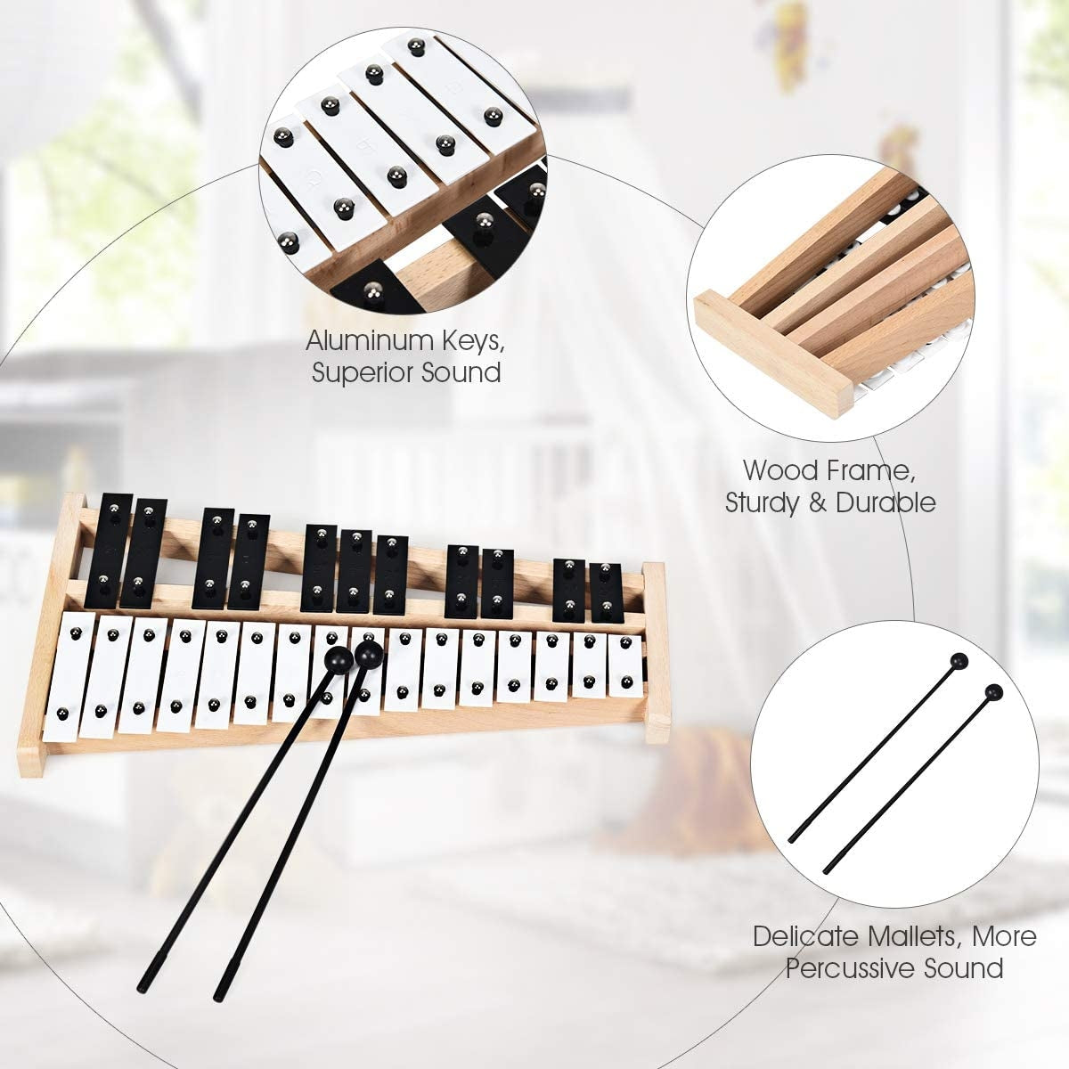 27 Note Glockenspiel Xylophone with 2 Rubber Mallets Kids Crystal