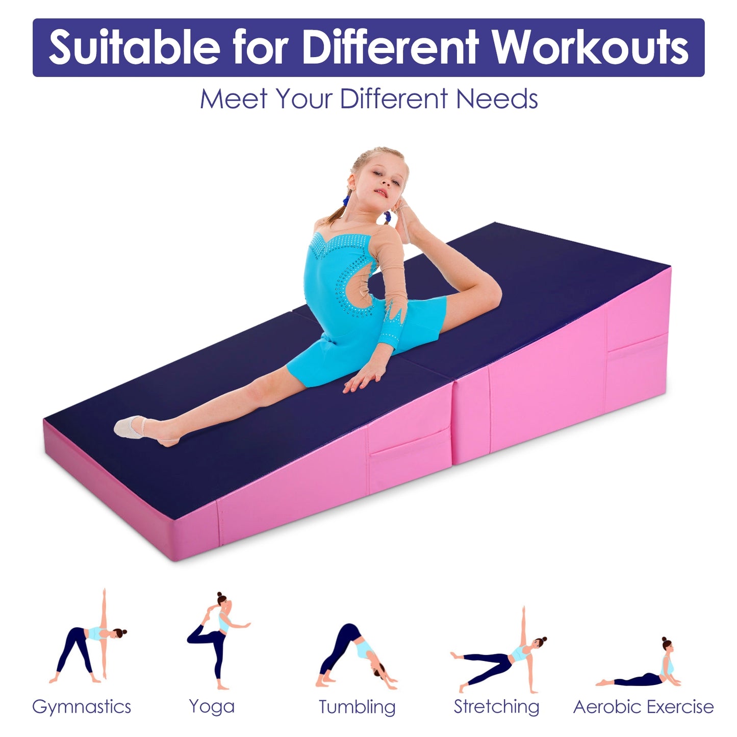 Incline Gymnastic Pad Folding Wedge Ramp Gym Fitness Exercise Sport Tumbling Mat-Purple Kids Crystal