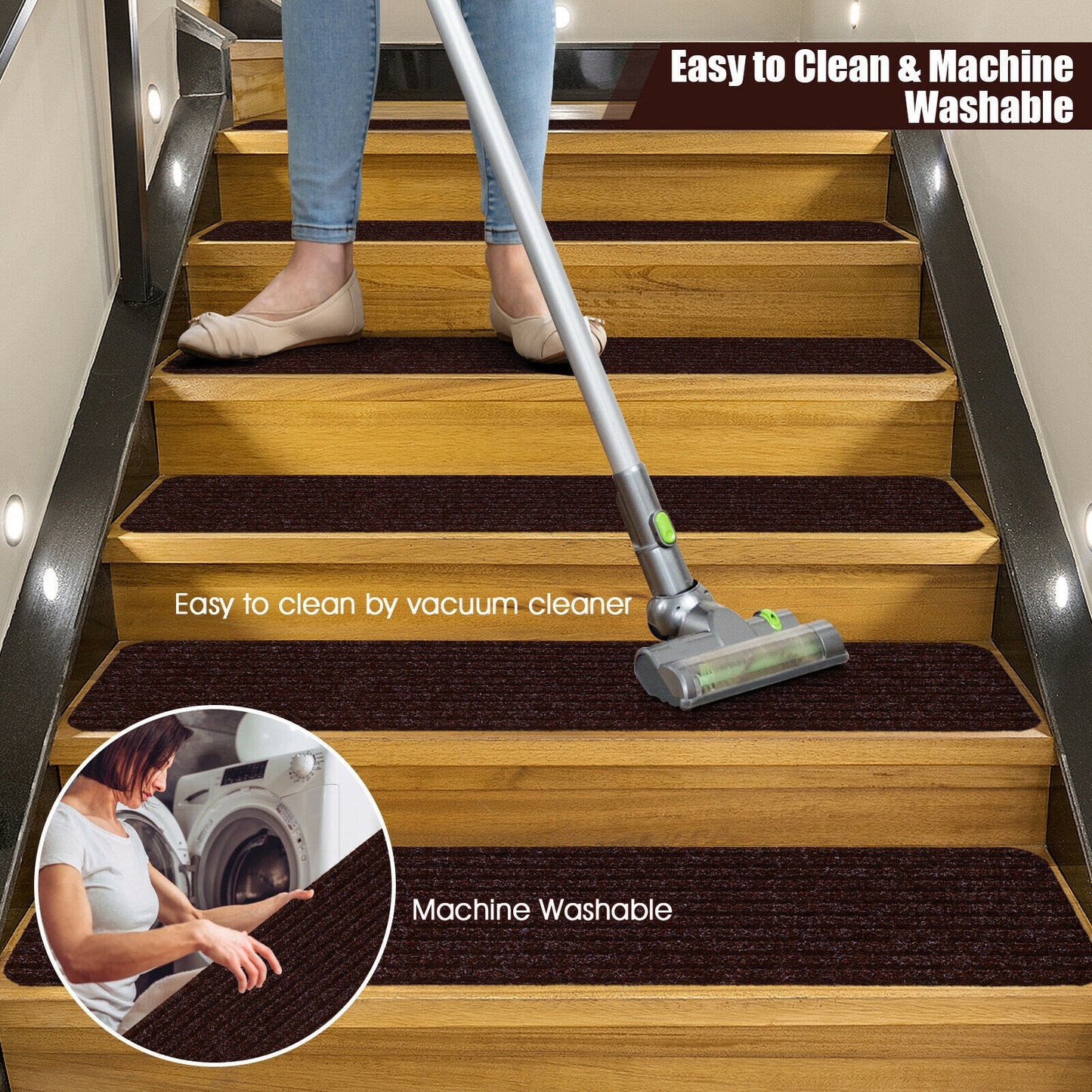 15 Pieces 30 x 8 Inch Slip Resistant Soft Stair Treads Carpet-Brown Kids Crystal