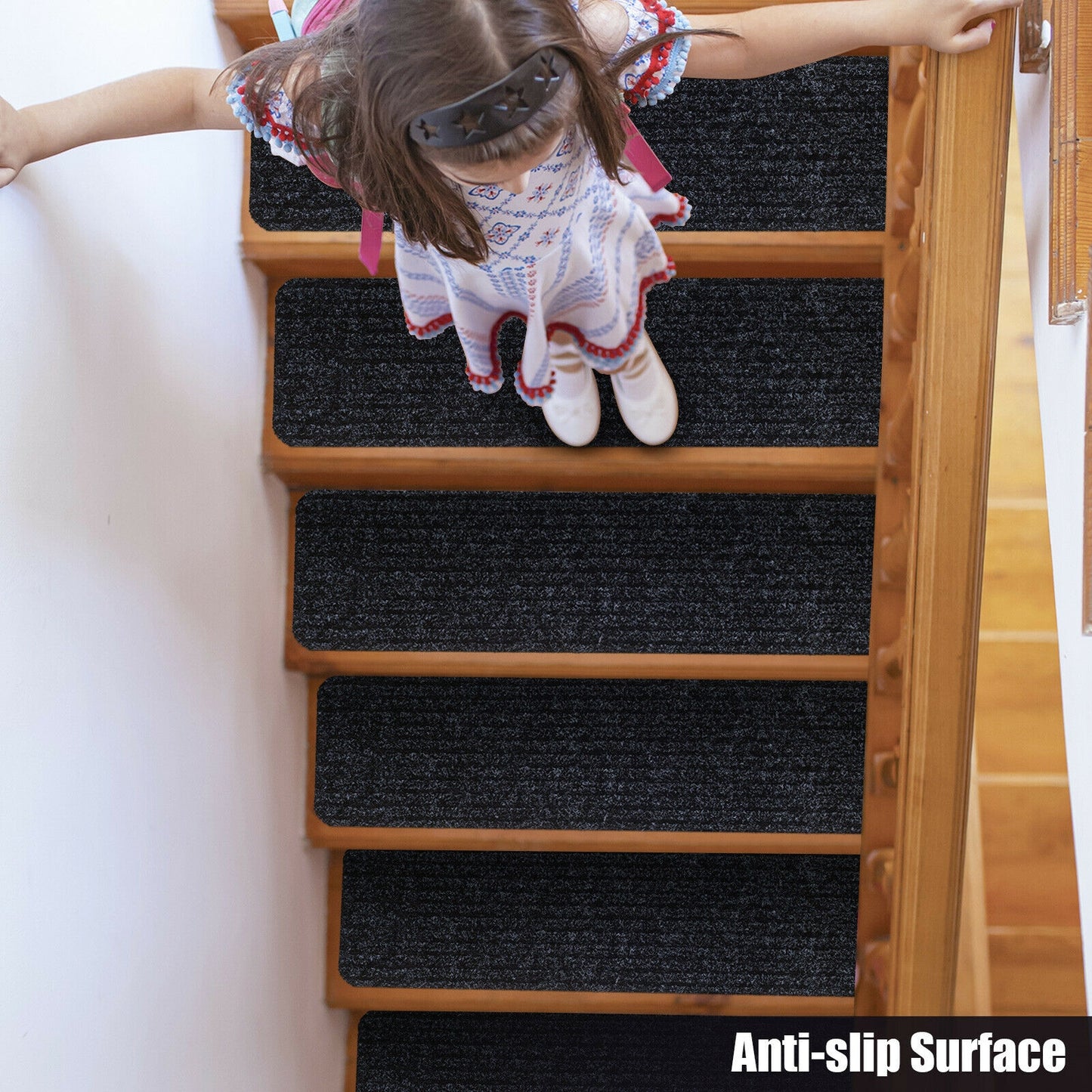 15 Pieces 30 x 8 Inch Slip Resistant Soft Stair Treads Carpet-Black Kids Crystal