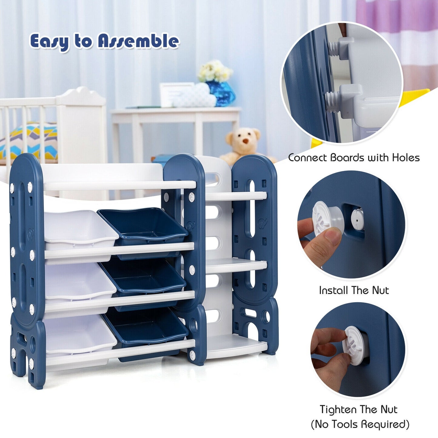 Kids Toy Storage Organizer with Bins and Multi-Layer Shelf for Bedroom Playroom-Blue Kids Crystal