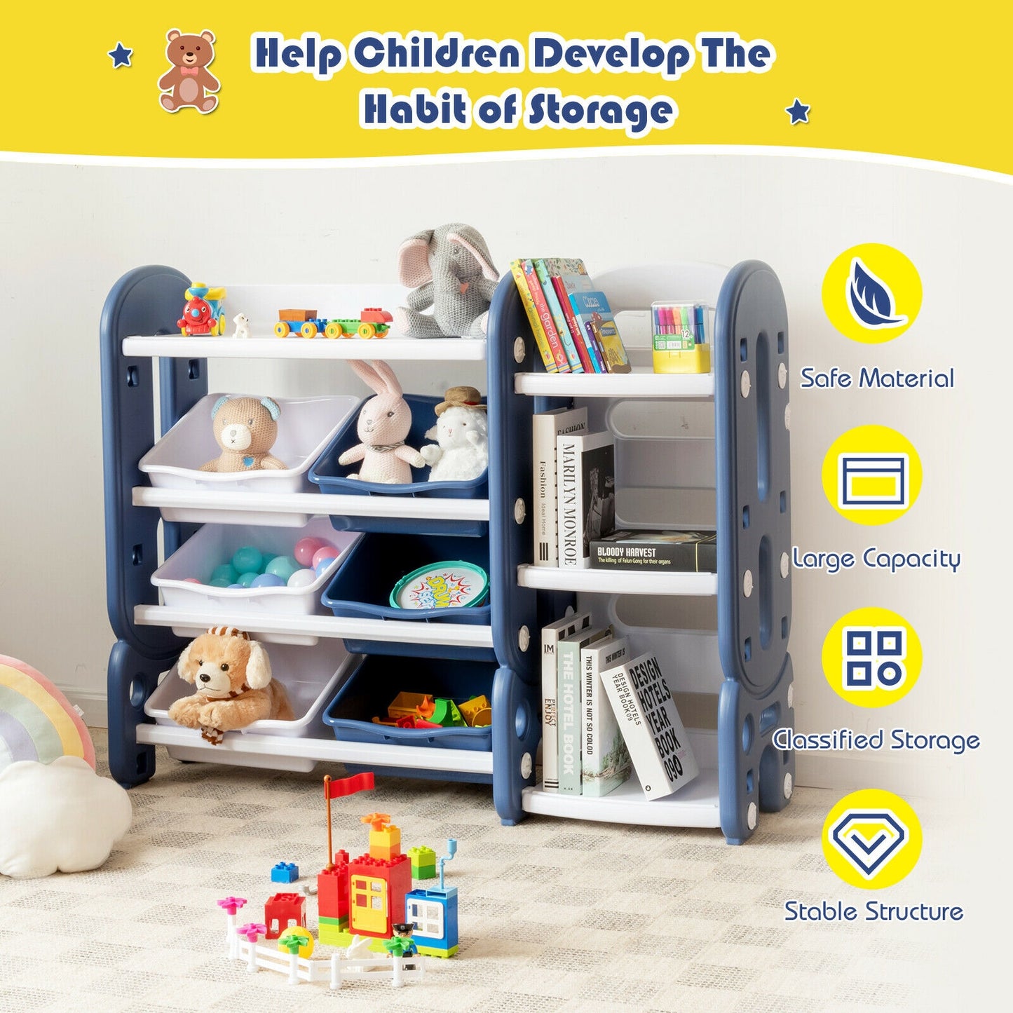Kids Toy Storage Organizer with Bins and Multi-Layer Shelf for Bedroom Playroom-Blue Kids Crystal