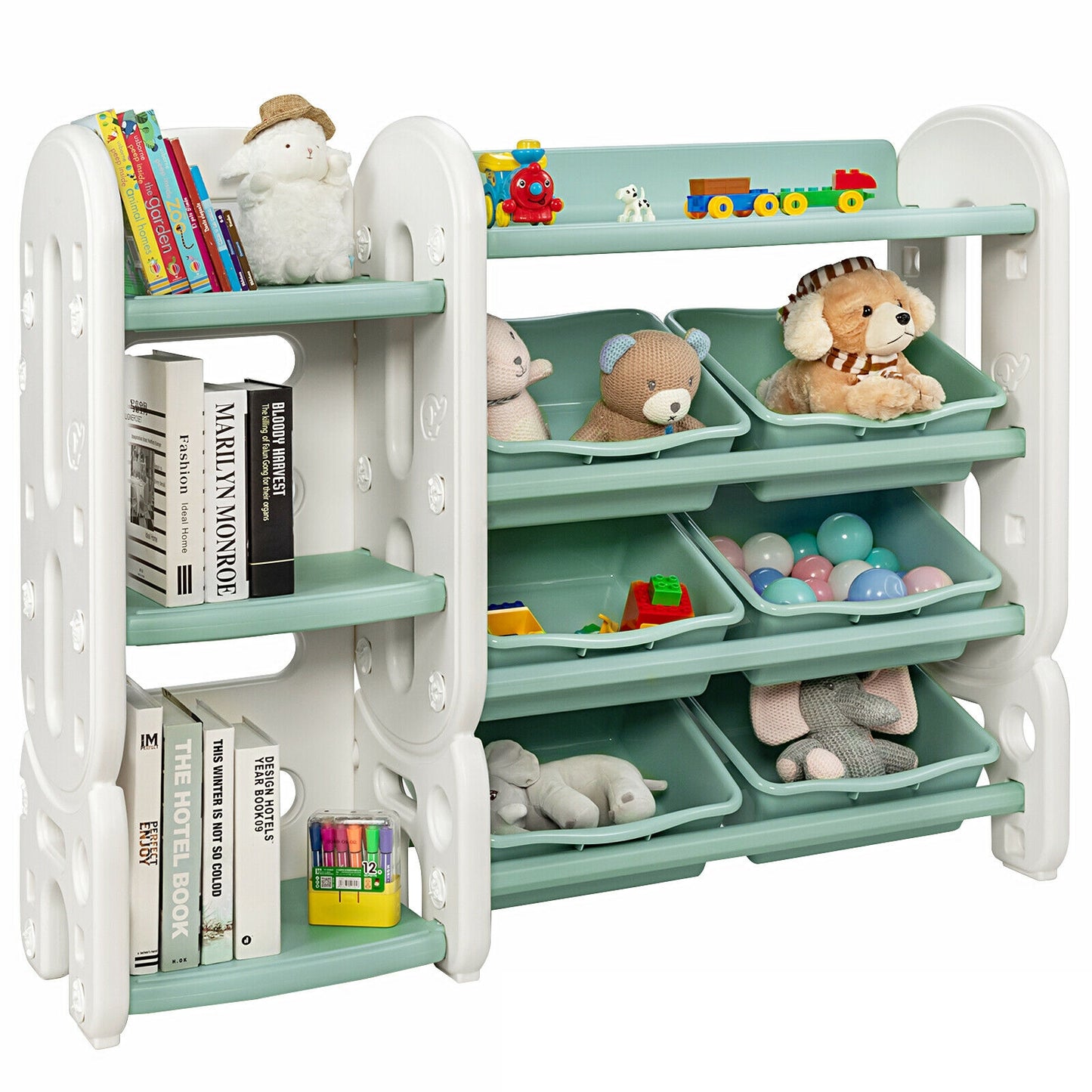 Kids Toy Storage Organizer with Bins and Multi-Layer Shelf for Bedroom Playroom-Green Kids Crystal