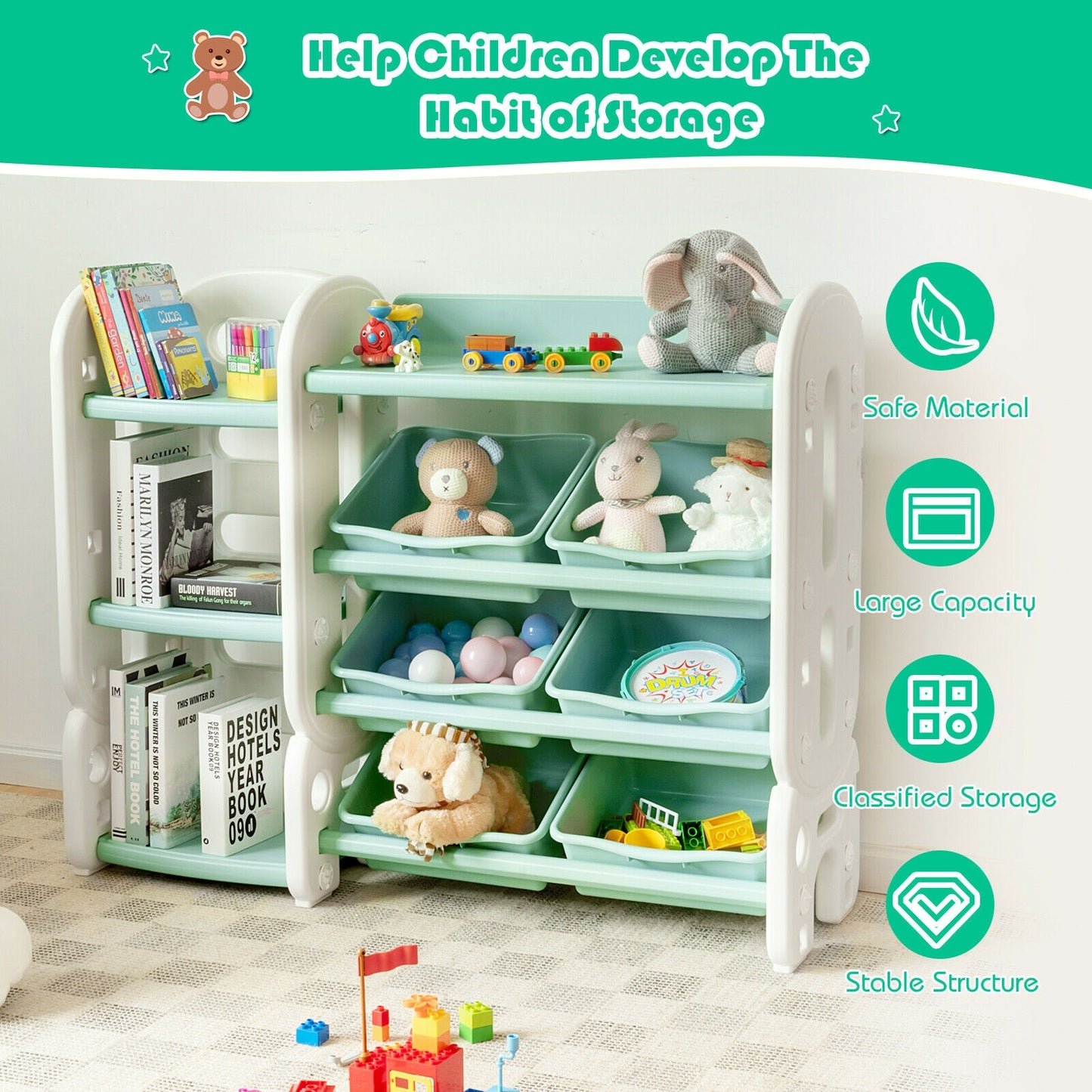 Kids Toy Storage Organizer with Bins and Multi-Layer Shelf for Bedroom Playroom-Green Kids Crystal