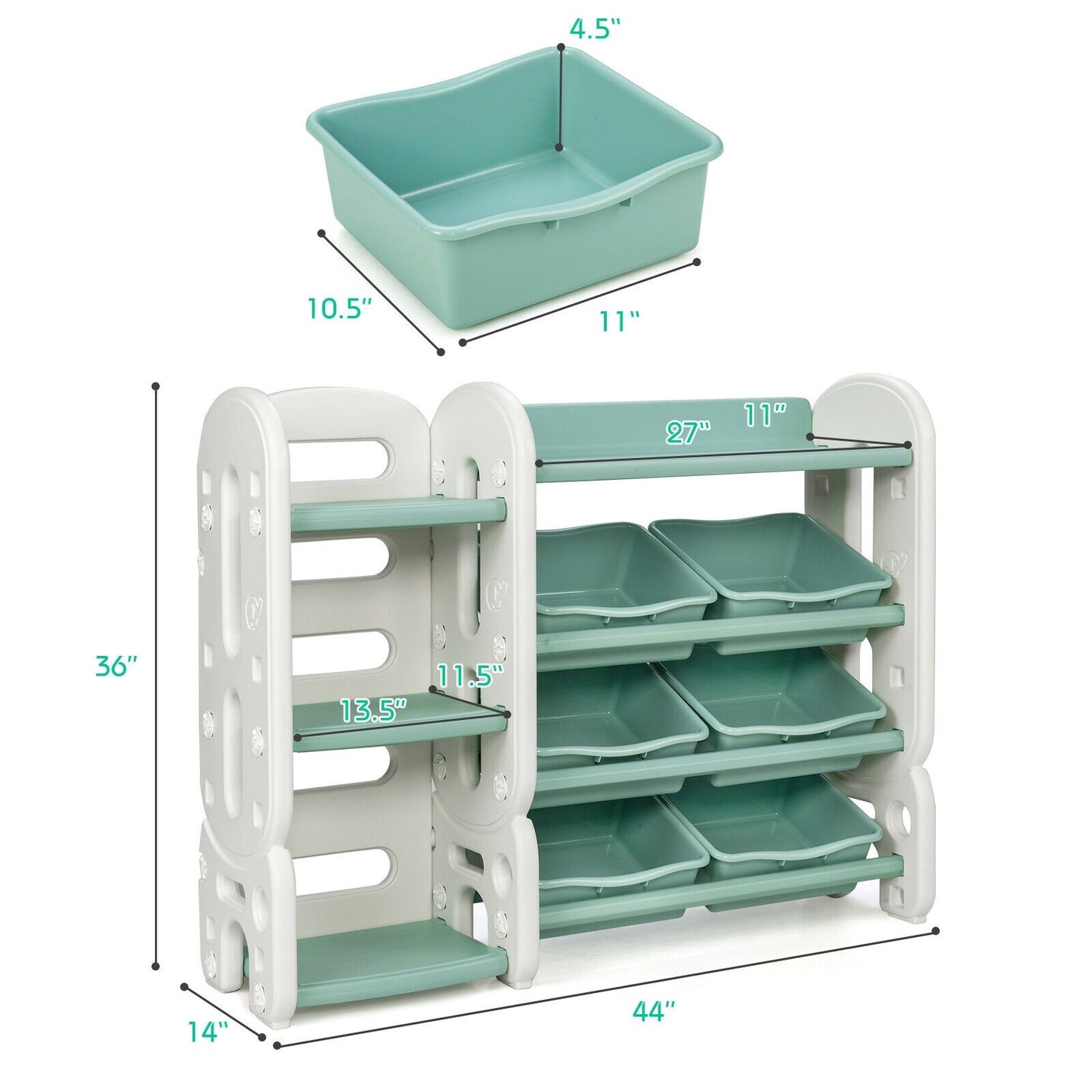 Kids Toy Storage Organizer with Bins and Multi-Layer Shelf for Bedroom Playroom-Green Kids Crystal