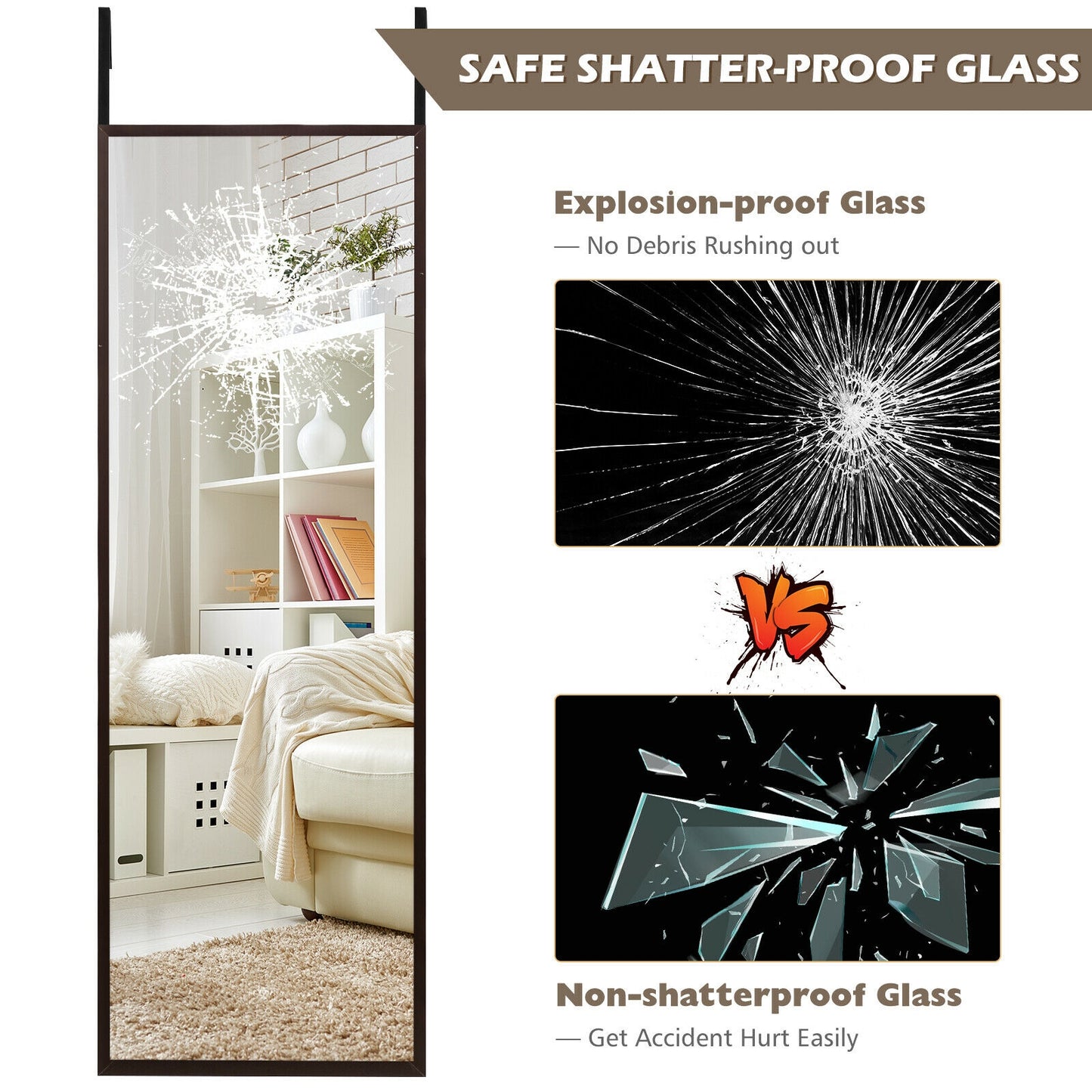 Full Length Metal Door Mirror with Adjustable Hook-Brown Kids Crystal