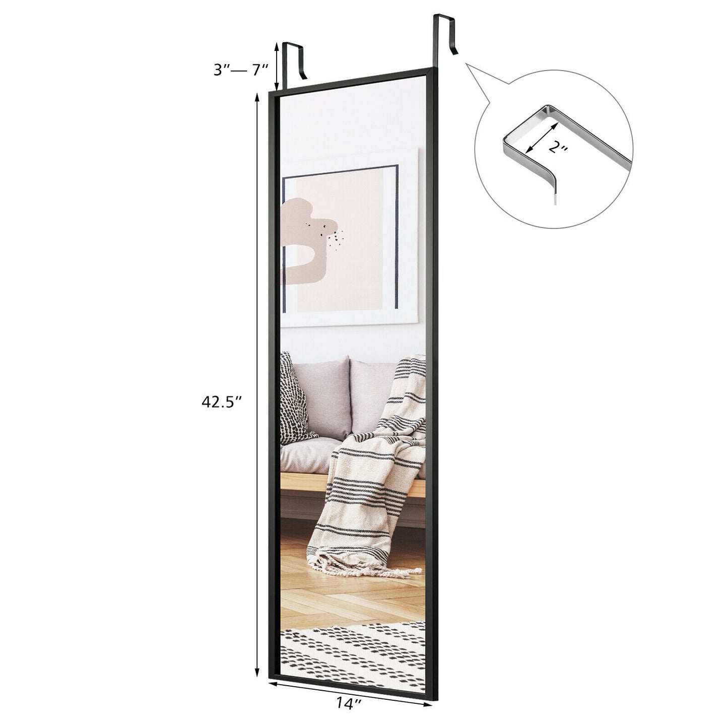Full Length Metal Door Mirror with Adjustable Hook-Black Kids Crystal