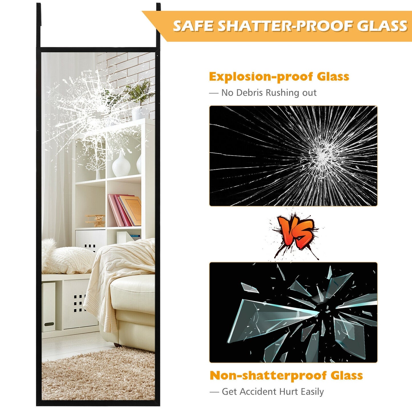 Full Length Metal Door Mirror with Adjustable Hook-Black Kids Crystal