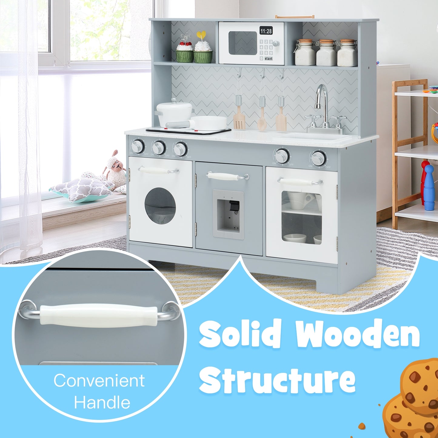 Pretend Play Kitchen Wooden Toy Set for Kids with Realistic Light and Sound Kids Crystal