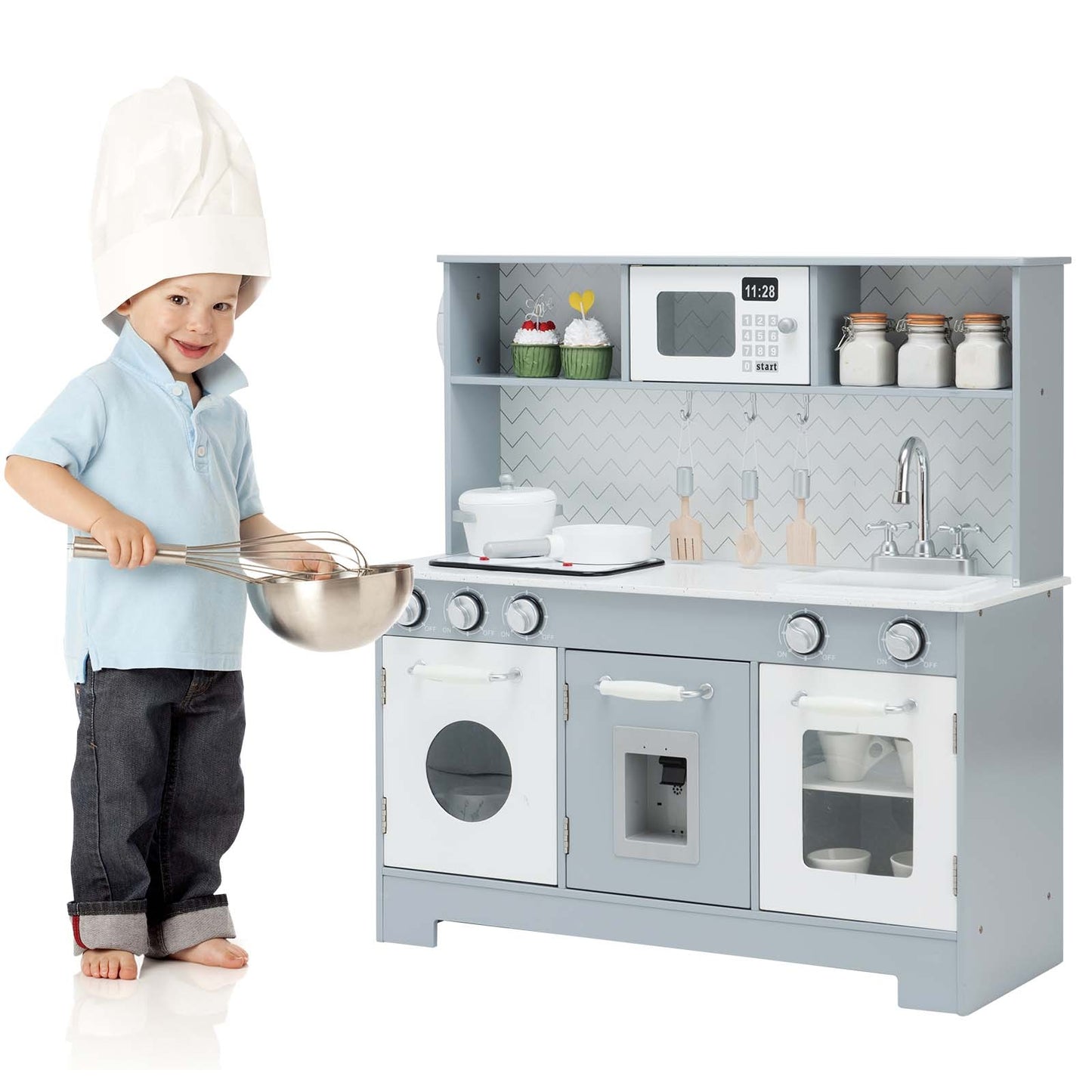 Pretend Play Kitchen Wooden Toy Set for Kids with Realistic Light and Sound Kids Crystal
