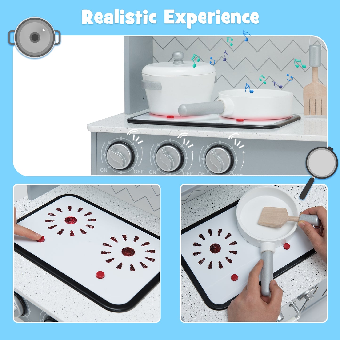 Pretend Play Kitchen Wooden Toy Set for Kids with Realistic Light and Sound Kids Crystal
