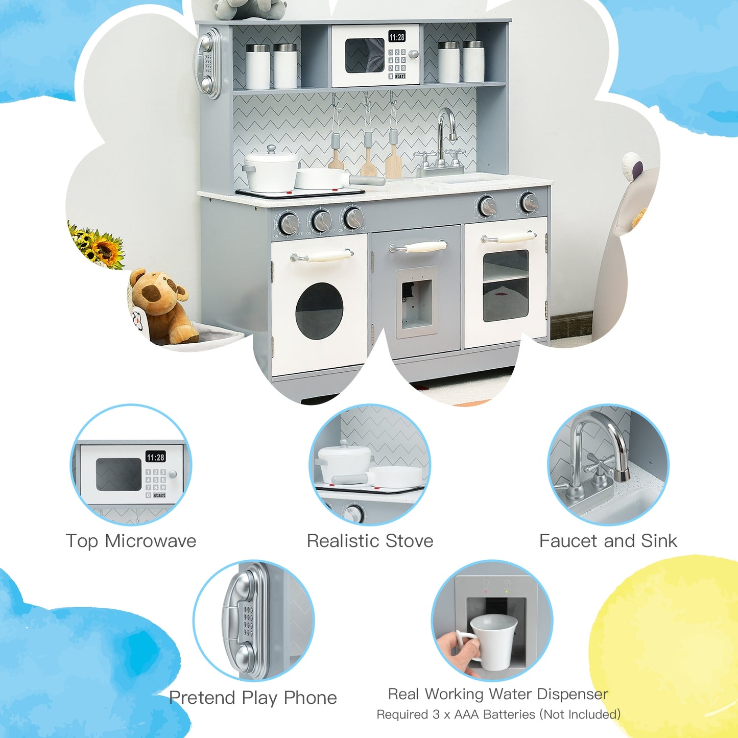 Pretend Play Kitchen Wooden Toy Set for Kids with Realistic Light and Sound Kids Crystal