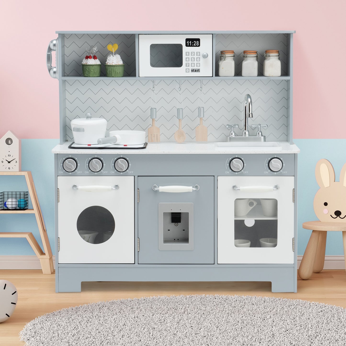 Pretend Play Kitchen Wooden Toy Set for Kids with Realistic Light and Sound Kids Crystal