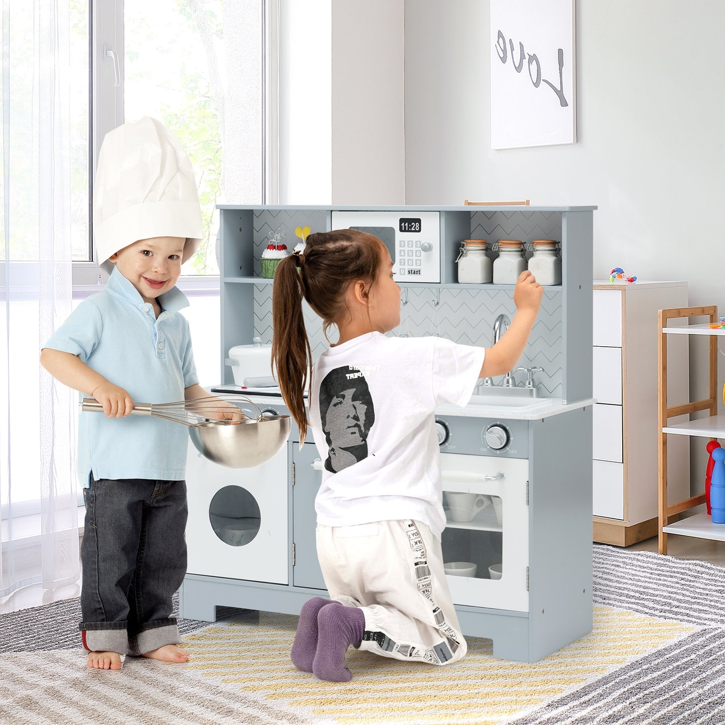 Pretend Play Kitchen Wooden Toy Set for Kids with Realistic Light and Sound Kids Crystal