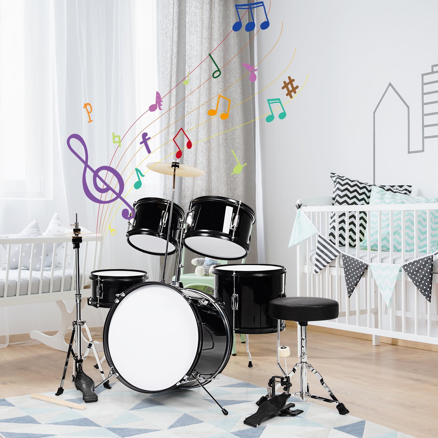 16 Inch 5 Pieces Complete Kids Junior Drum Set Children Beginner Kit-Black Kids Crystal