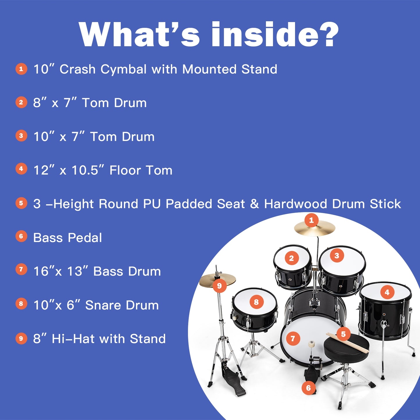 16 Inch 5 Pieces Complete Kids Junior Drum Set Children Beginner Kit-Black Kids Crystal