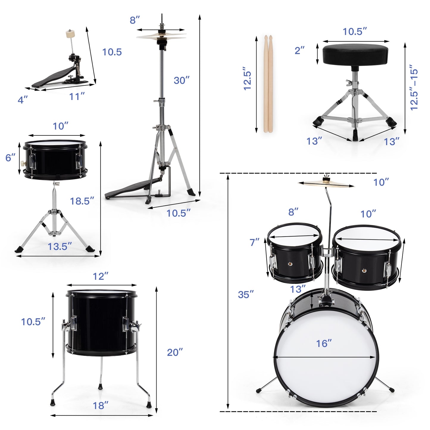 16 Inch 5 Pieces Complete Kids Junior Drum Set Children Beginner Kit-Black Kids Crystal