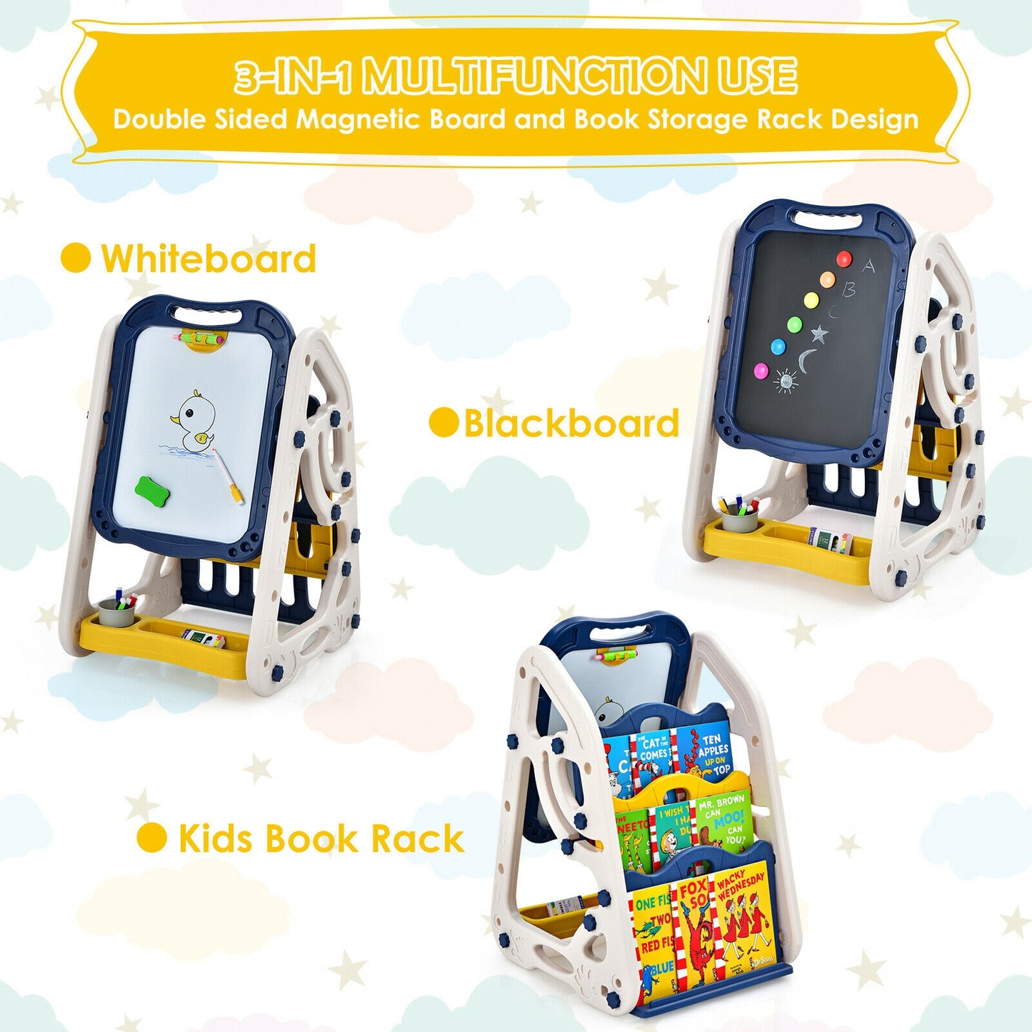 3-in-1 Kids Art Easel Double-Sided Tabletop Easel with Art Accessories-Blue Kids Crystal