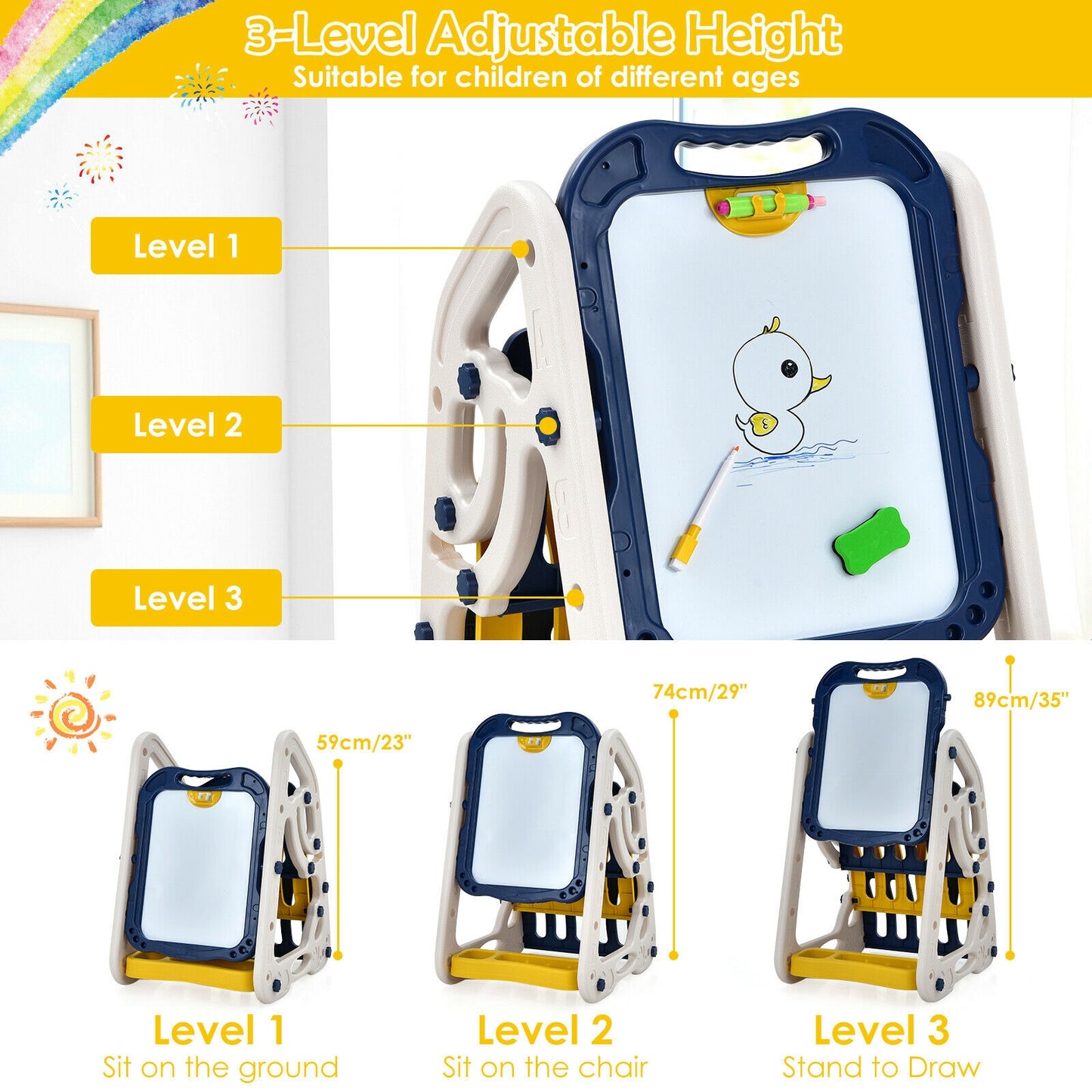 3-in-1 Kids Art Easel Double-Sided Tabletop Easel with Art Accessories-Blue Kids Crystal