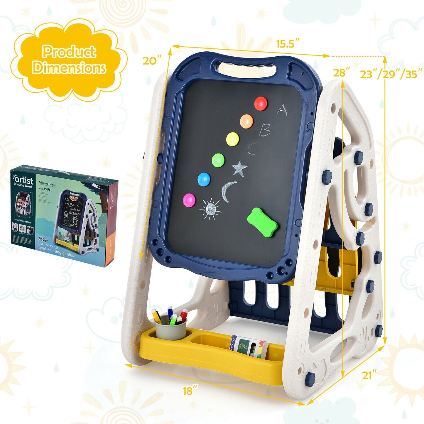 3-in-1 Kids Art Easel Double-Sided Tabletop Easel with Art Accessories-Blue Kids Crystal