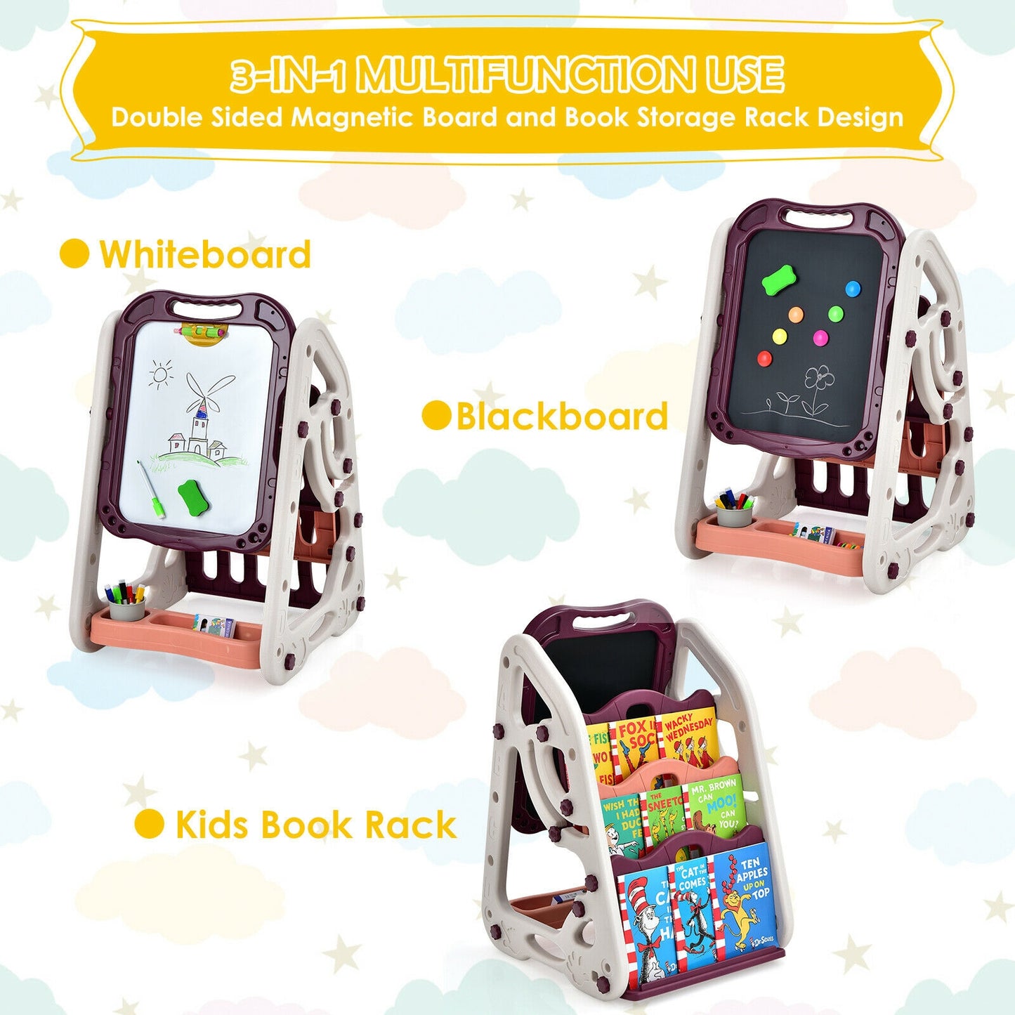 3-in-1 Kids Art Easel Double-Sided Tabletop Easel with Art Accessories-Red Kids Crystal