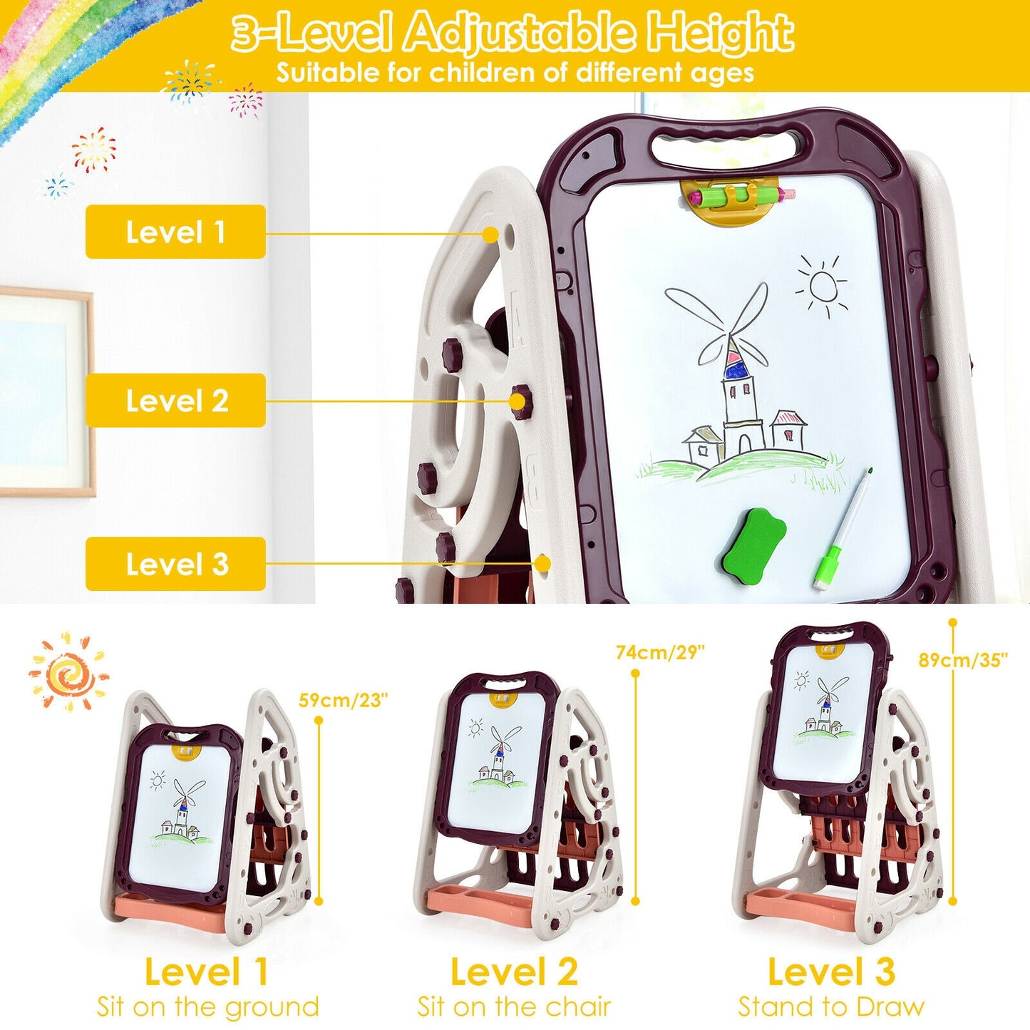3-in-1 Kids Art Easel Double-Sided Tabletop Easel with Art Accessories-Red Kids Crystal