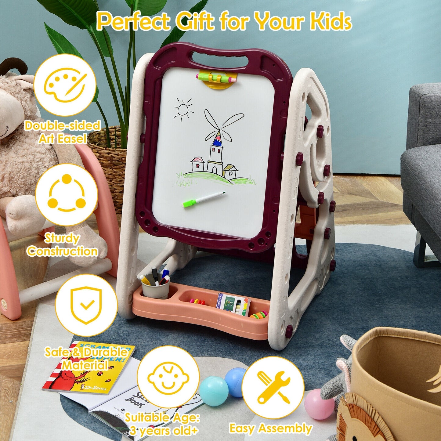 3-in-1 Kids Art Easel Double-Sided Tabletop Easel with Art Accessories-Red Kids Crystal