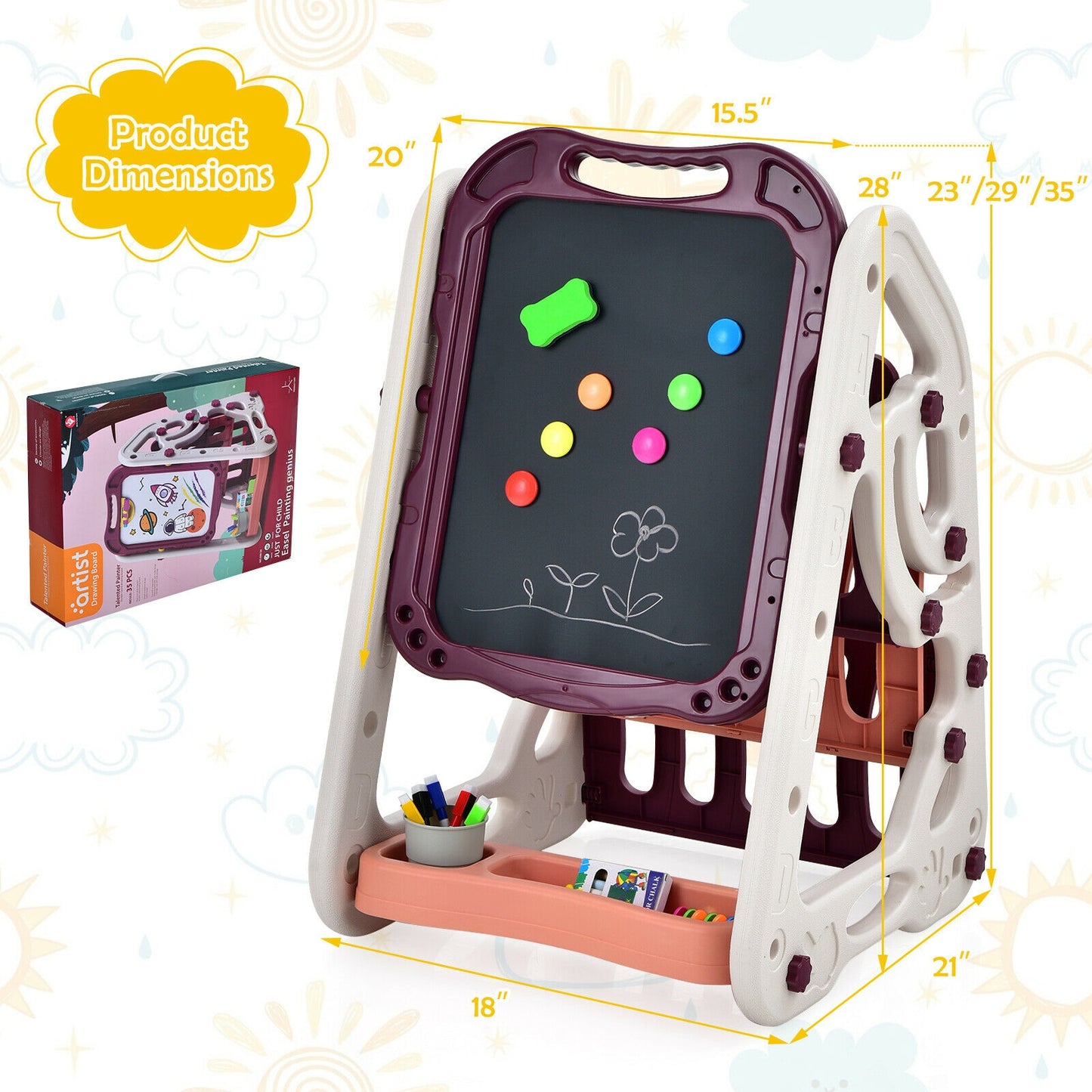 3-in-1 Kids Art Easel Double-Sided Tabletop Easel with Art Accessories-Red Kids Crystal