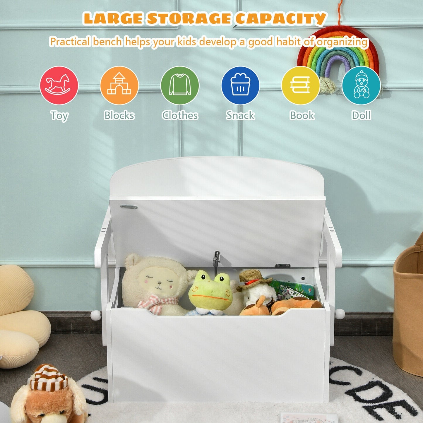 3-in-1 Kids Convertible Storage Bench Wood Activity Table and Chair Set-White Kids Crystal
