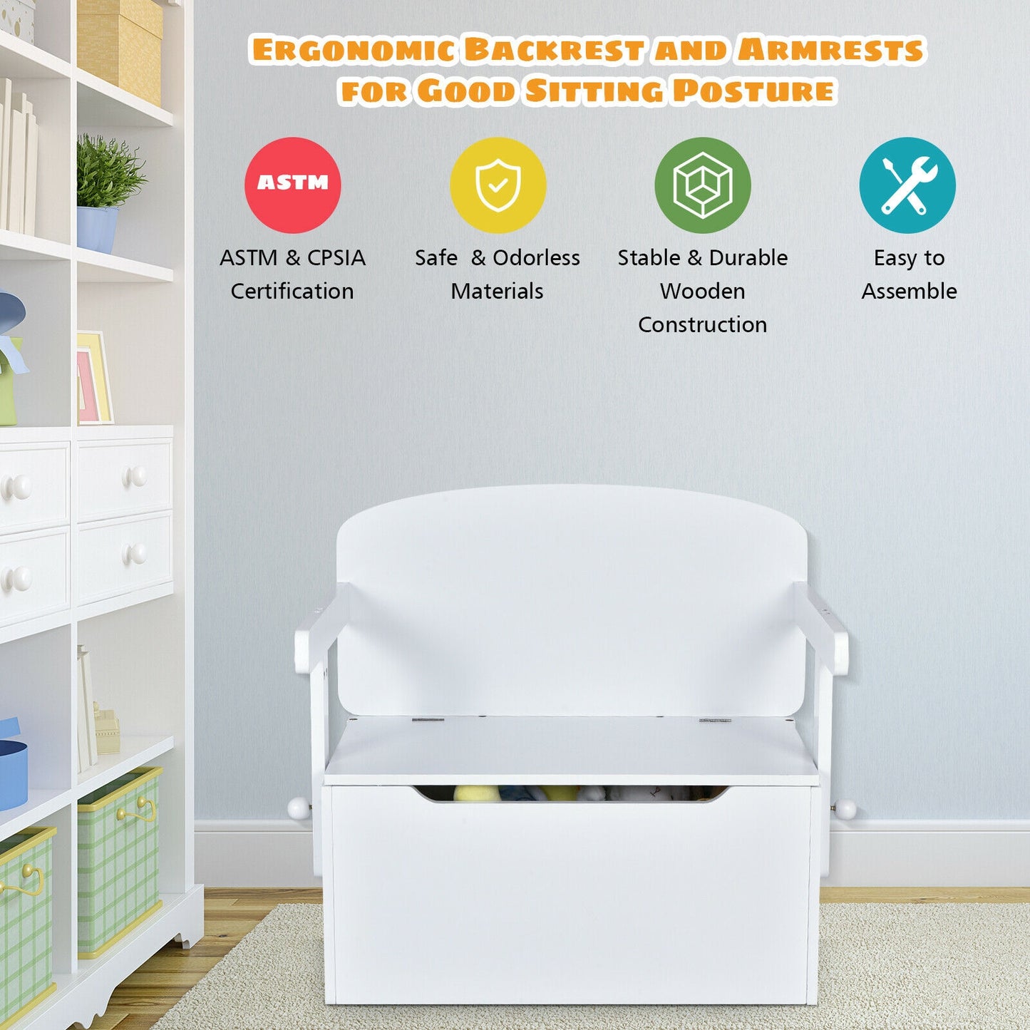 3-in-1 Kids Convertible Storage Bench Wood Activity Table and Chair Set-White Kids Crystal