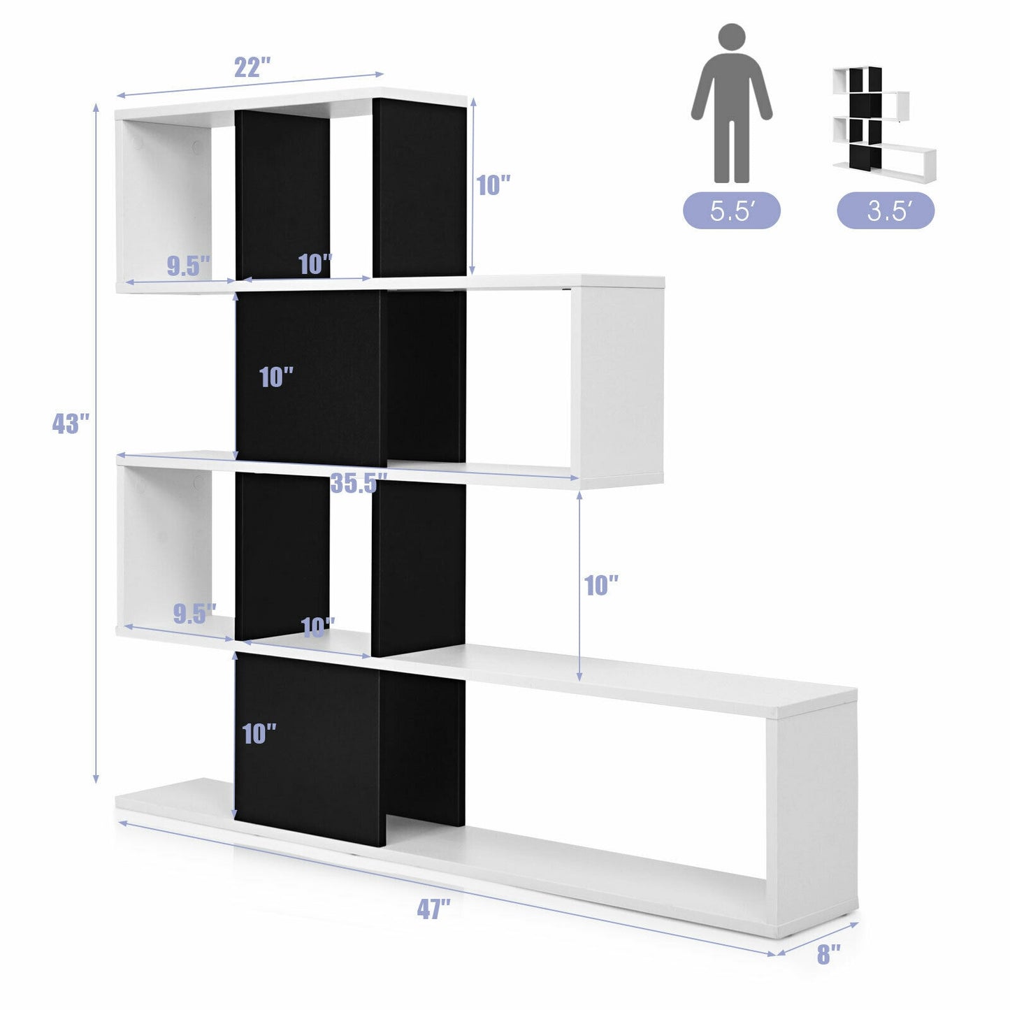 5-Tier Bookshelf Corner Ladder Bookcase with Storage Rack-Black & White Kids Crystal