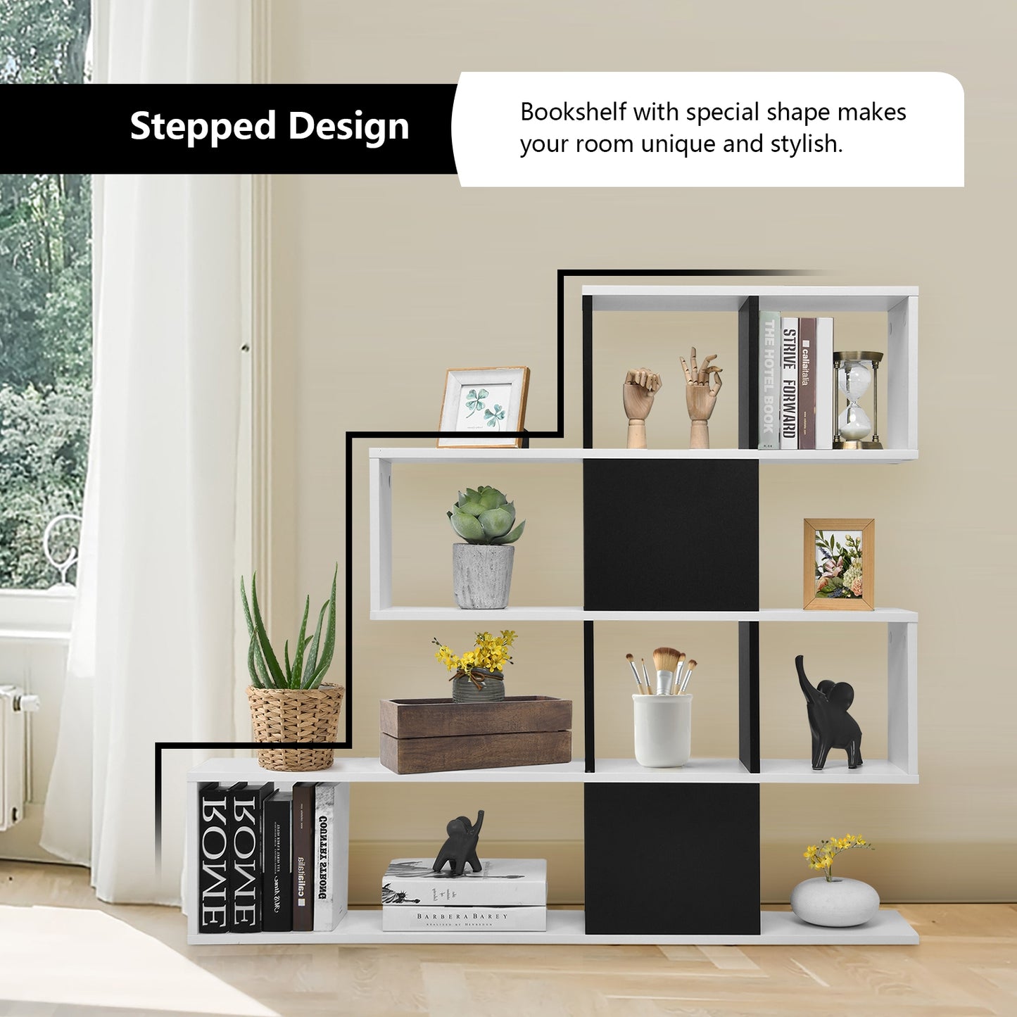 5-Tier Bookshelf Corner Ladder Bookcase with Storage Rack-Black & White Kids Crystal