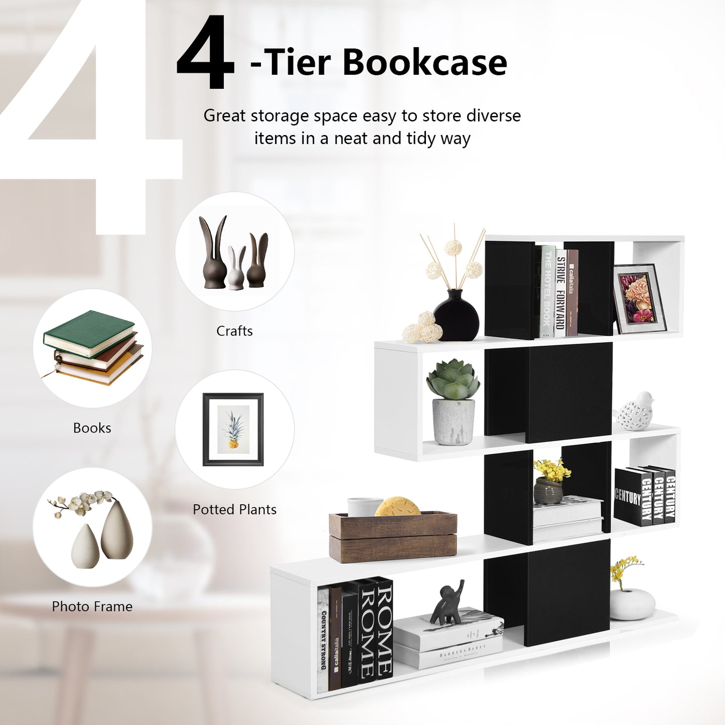 5-Tier Bookshelf Corner Ladder Bookcase with Storage Rack-Black & White Kids Crystal