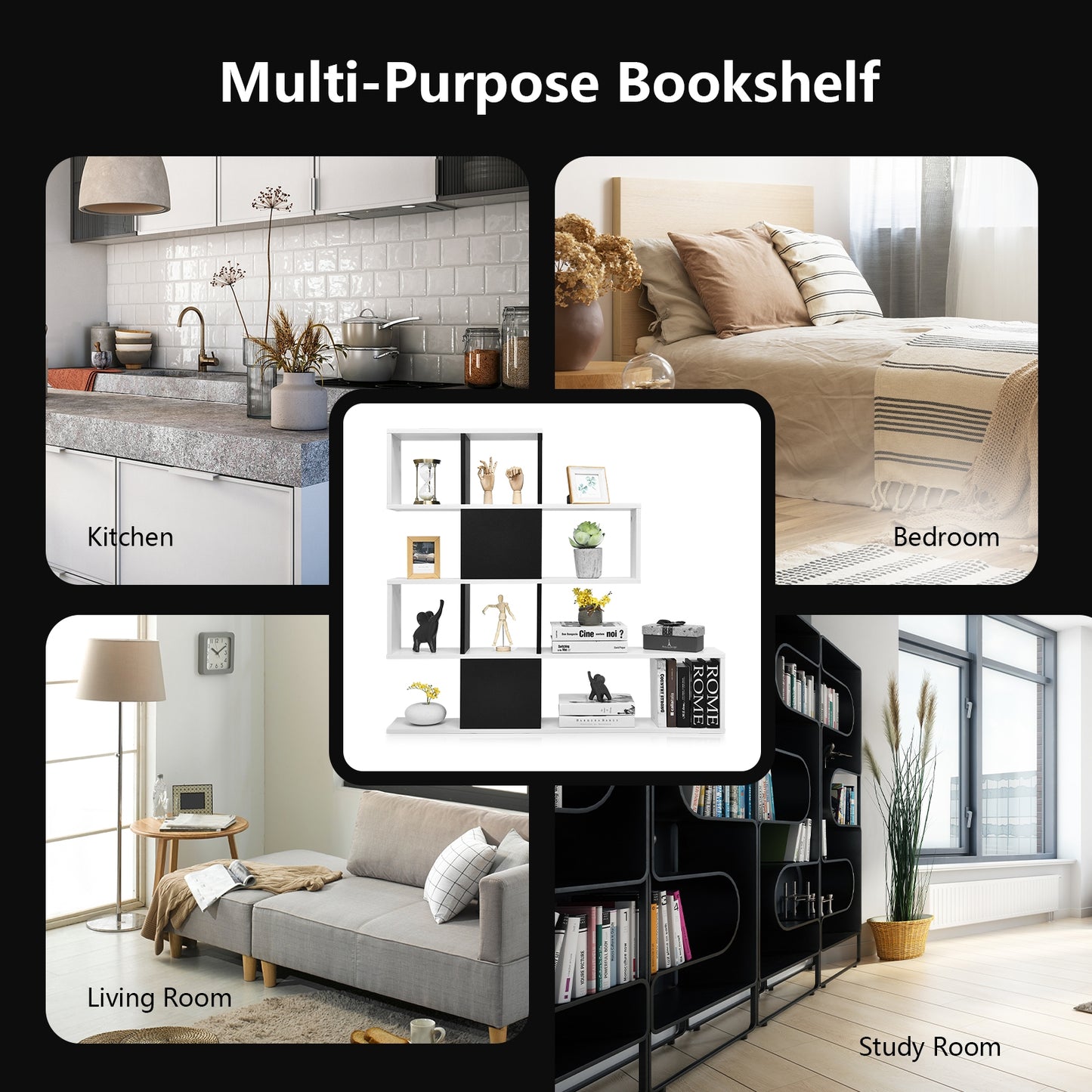 5-Tier Bookshelf Corner Ladder Bookcase with Storage Rack-Black & White Kids Crystal