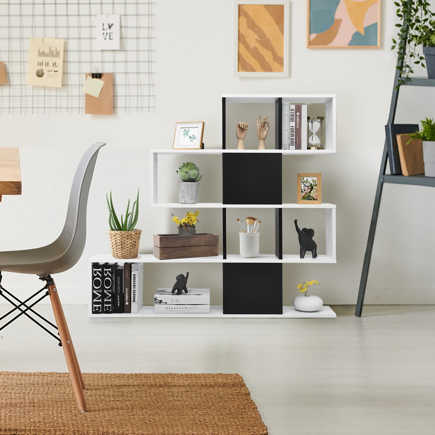 5-Tier Bookshelf Corner Ladder Bookcase with Storage Rack-Black & White Kids Crystal