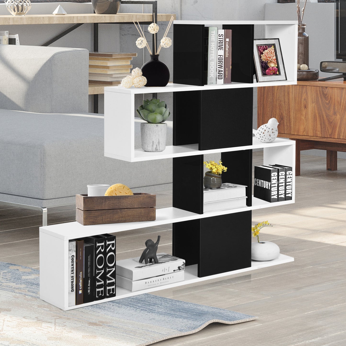 5-Tier Bookshelf Corner Ladder Bookcase with Storage Rack-Black & White Kids Crystal